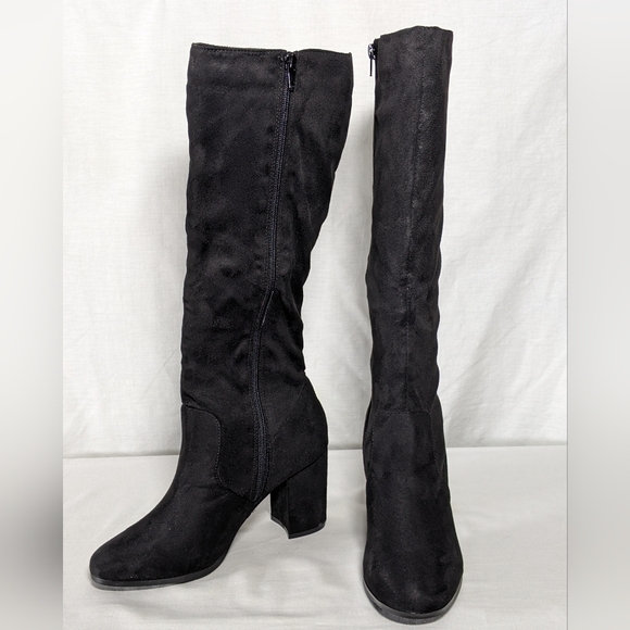 NEW Allegra K Womens Round Toe Block Heeled Knee High Boots black suede - Picture 2 of 4